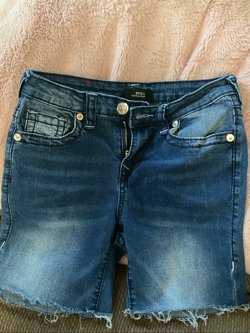 True Religion Dark Blue Faded Denim Ankle Shorts with Frayed Hem